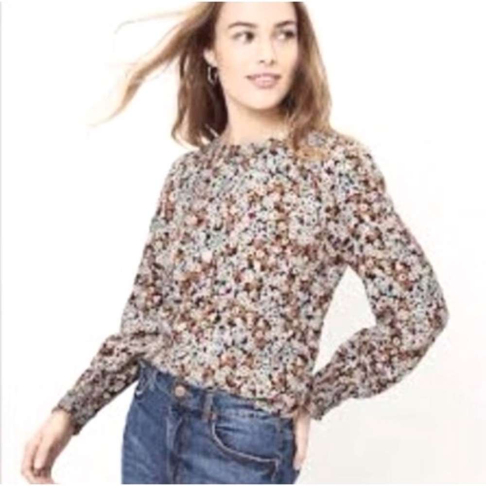 NEW Loft Floral Multicolor Smock Cuff Popover Blouse Top